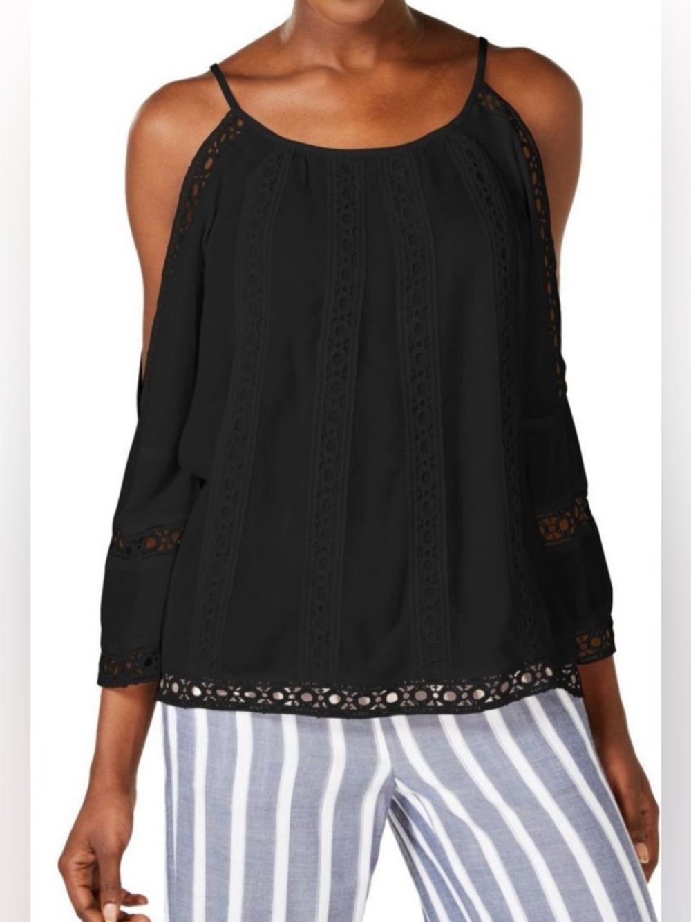INC International Concepts Black Crochet Trim Bell Sleeve Blouse Size S New